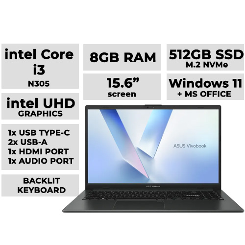 ASUS VIVOBOOK GO 15  Laptop 15.6" FHD | Intel Core i3 N305 | 8GB DDR4 | 512GB NVMe | Intel UHD Graphics (Model: E1504GA NJ651WSM)